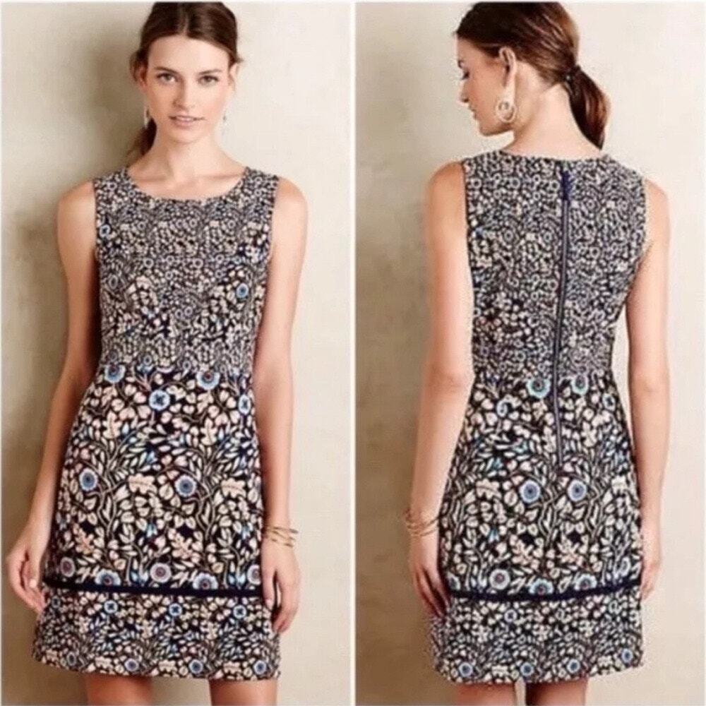 Anthropologie Maeve Brindille Sheath Dress in Navy Blue Jacobean Floral Size 0